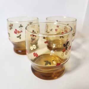 Vintage Amber Glass Floral Strawberry Juice Tumblers Set of 3 Mid Century Retro